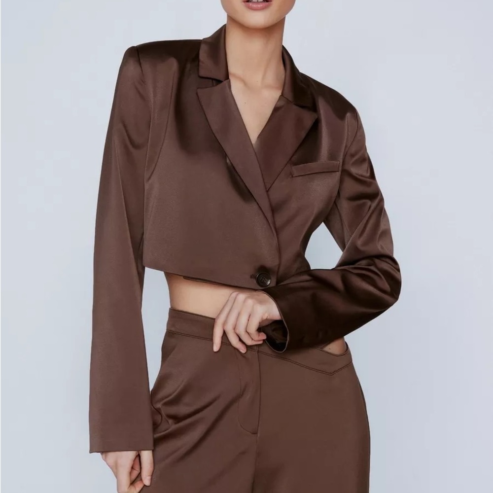 NastyGal Cropped Premium Satin Blazer